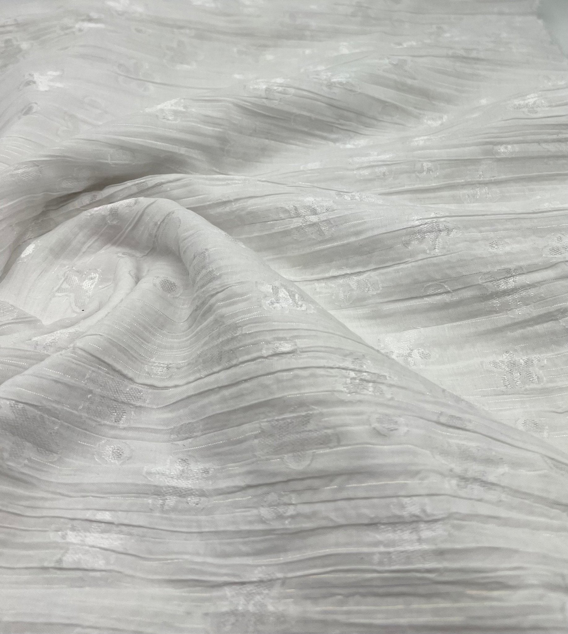 White Shiny Floral Crinkled Lightweight Non Stretch Woven Fabric - T9 Fabrics